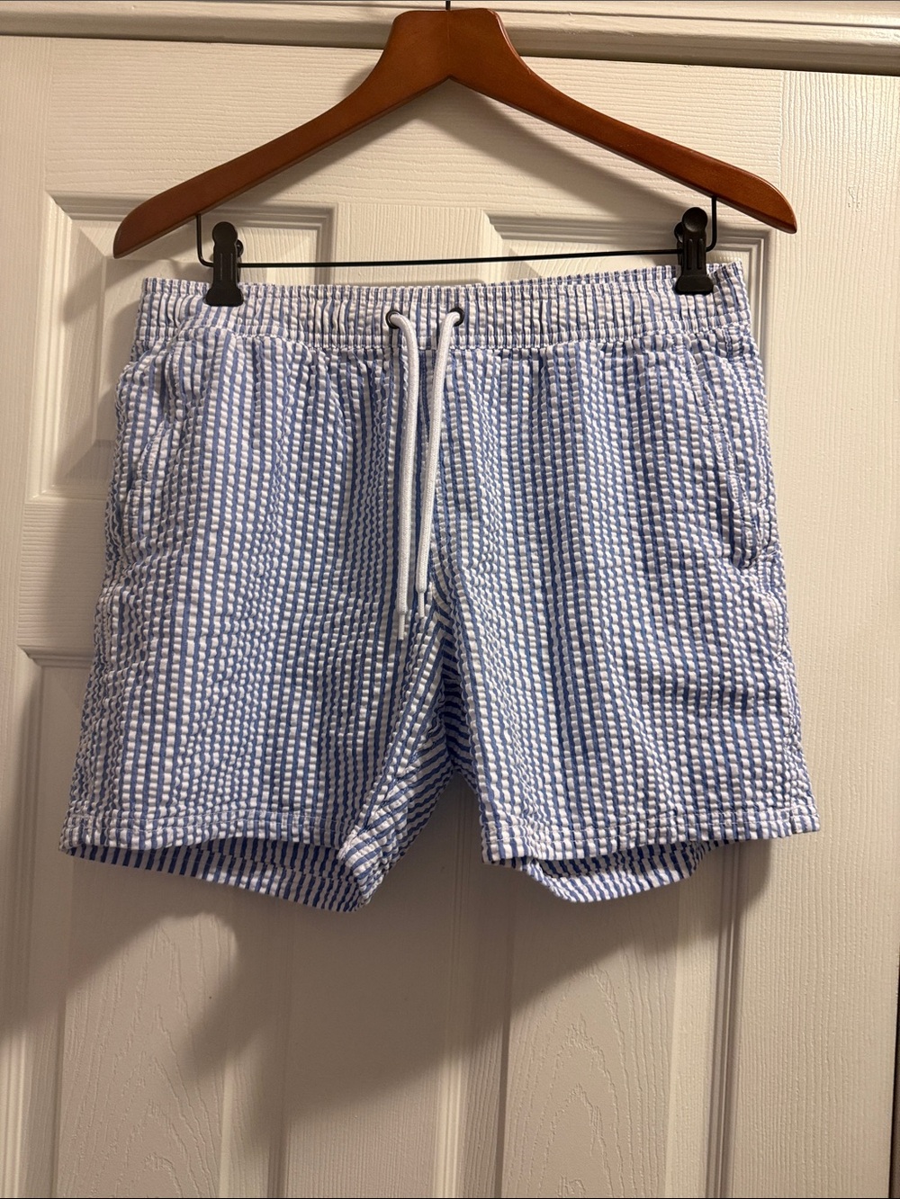 J. Crew Light Blue and White Seersucker Swim Trunks